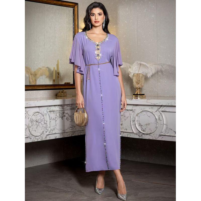 

Новое поступление Ближний Восток Сиренево-фиолетовое платье-миди с рукавами-фонариками и V-образным вырезом, ручная вышивка, платье-сверло Clove purple 2XL