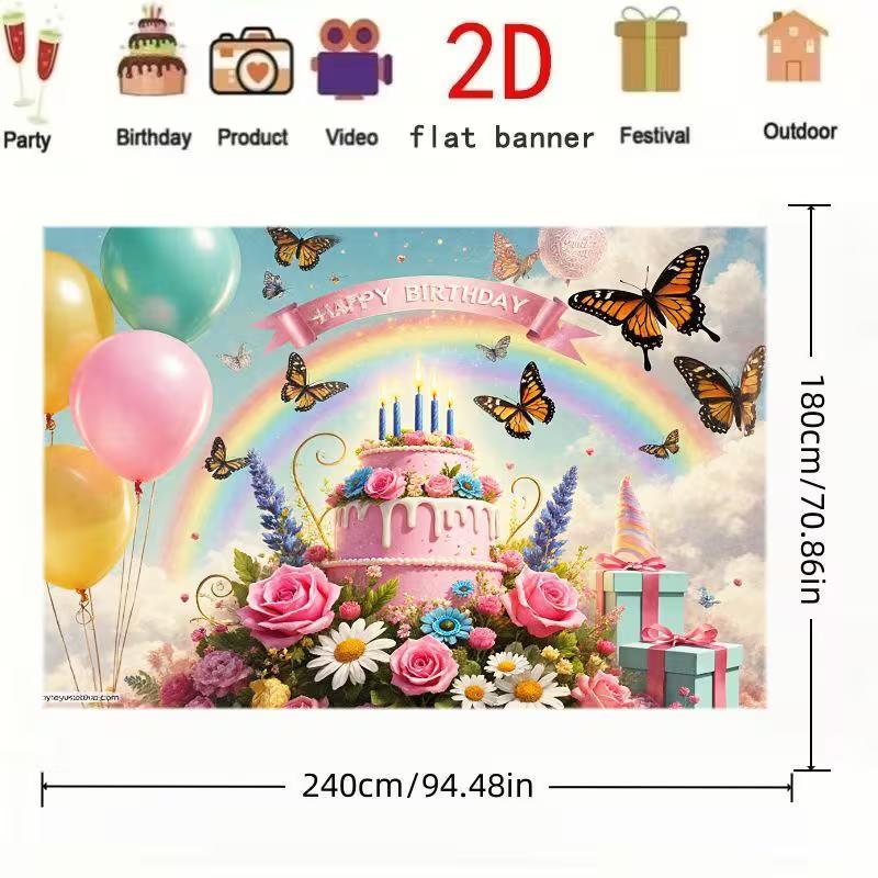 2D Whimsical Rainbow Backdrop, Happy Birthday with Butterflies & Cake Party Background