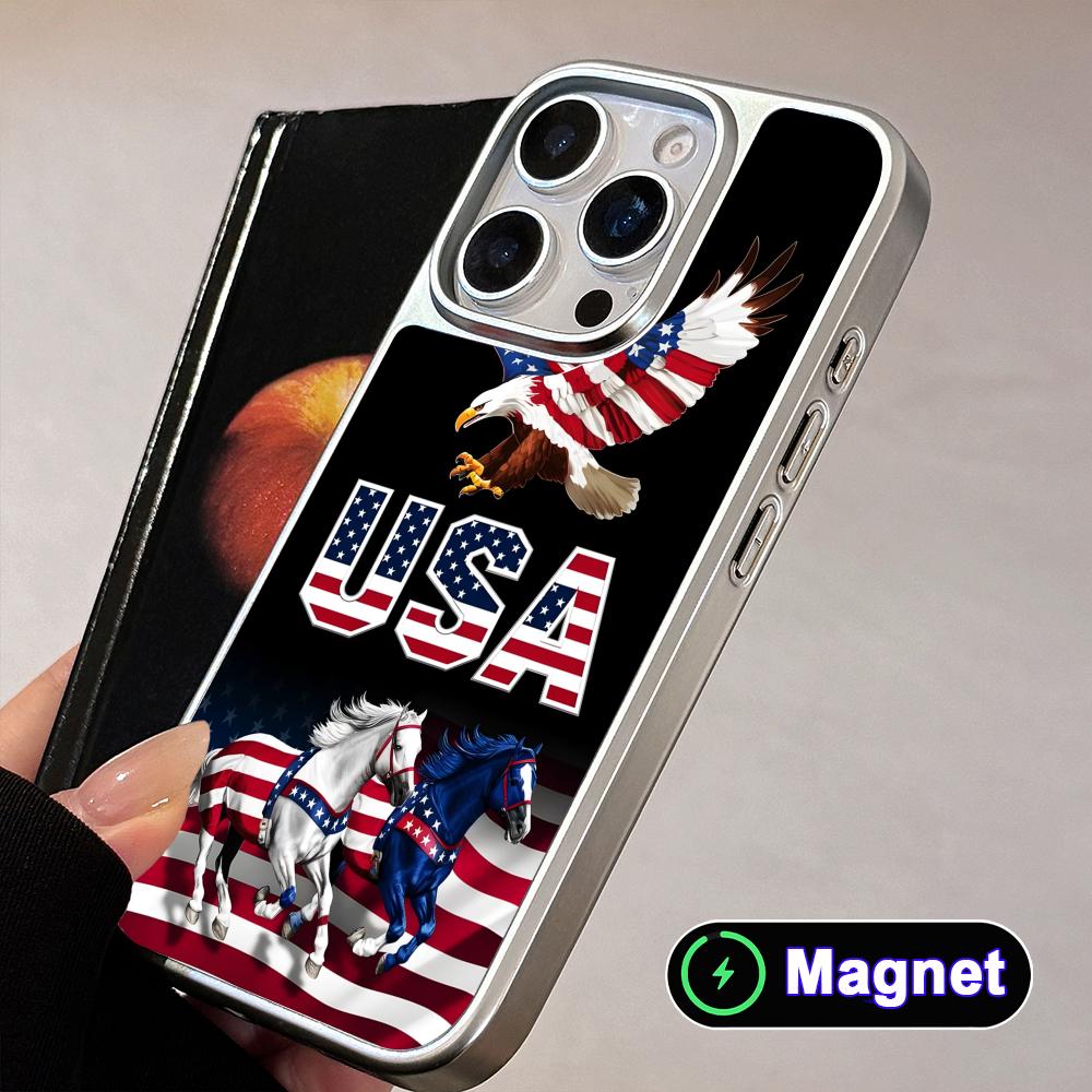 USA America Flag Silver Plating Magsafe Mobile Phone Case for iPhone 17 16 15 14 13 12 11 Air Pro Max Plus Colorful Cover