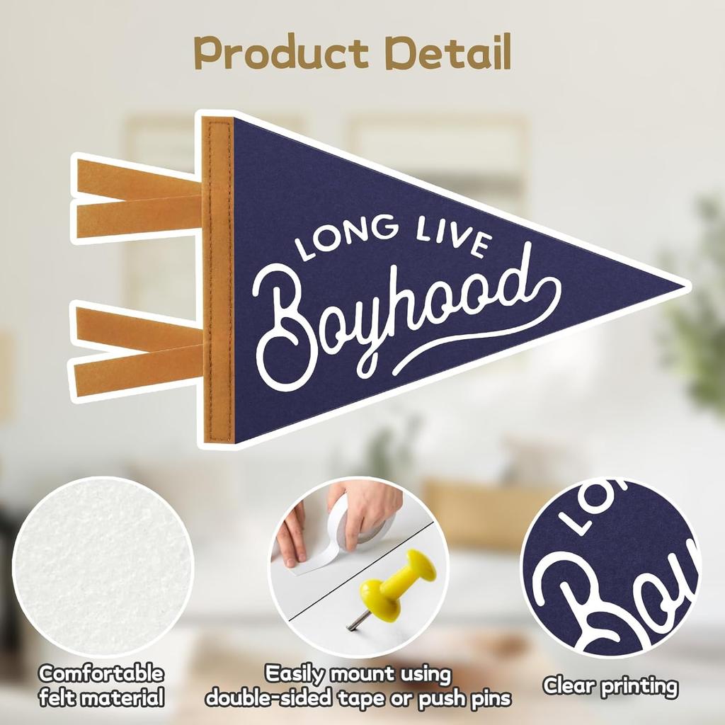 Baby Boy Nursery Decor, Long Live Boyhood Banner Sign for Kids Boys Room Decor Flags, Wall Penants Preppy Navy Blue Wall Hanging Decor for Kids