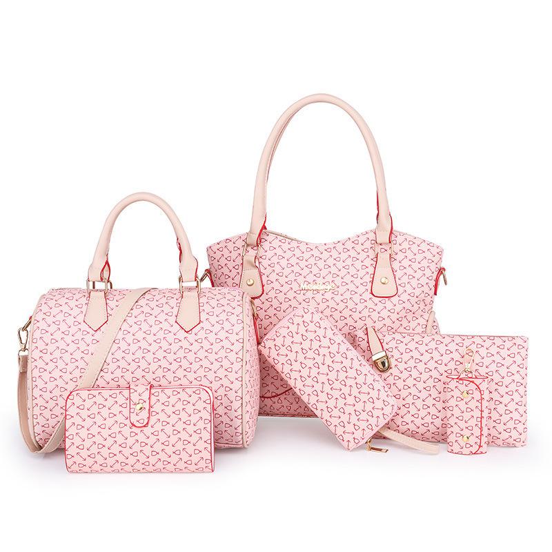 

Новая женская сумка, сумка для мамы и ребенка, набор из шести предметов, модная сумка через плечо с костяным узором, контрастная по цвету сумка для ключей розовый