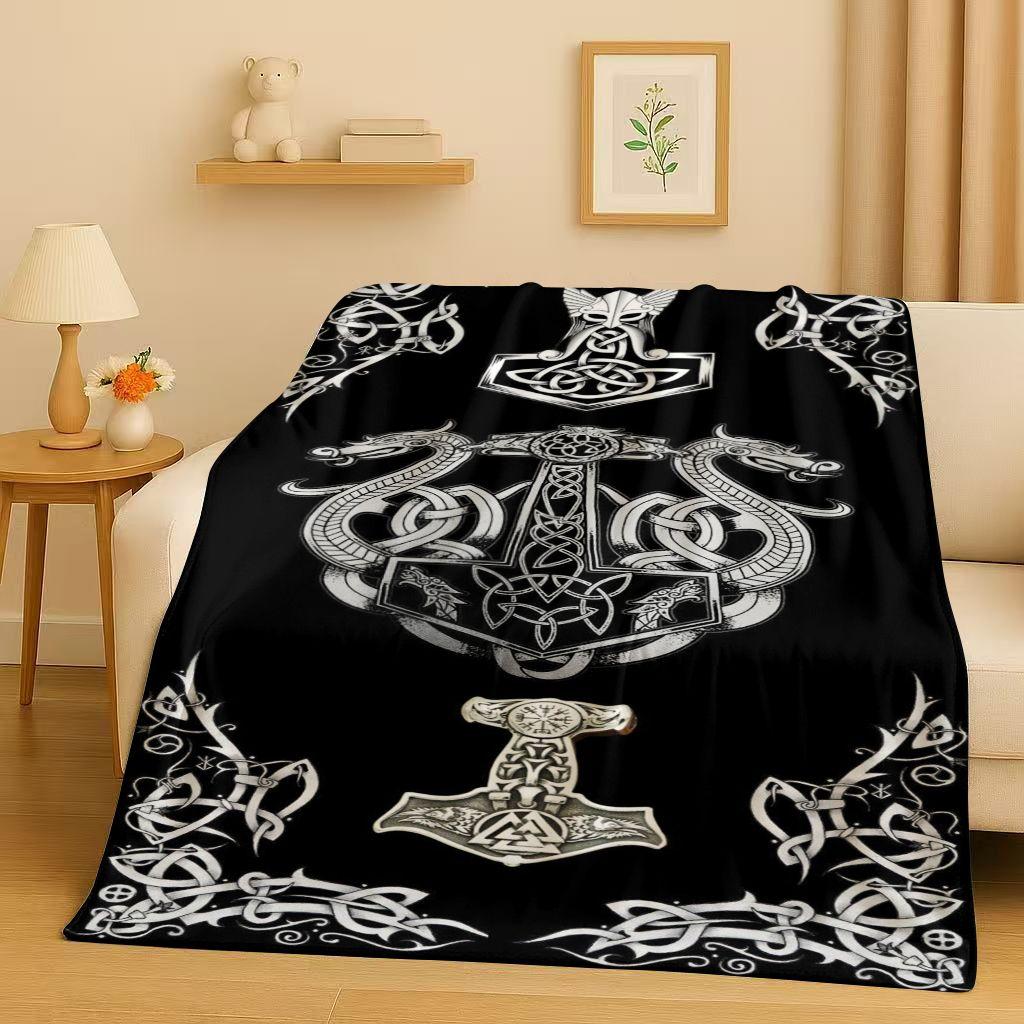 Retro Nordic Viking Totem Vegvisir Rune Valhalla Valknut Flannel Blanket,Ultra Soft Plush Throw for Home Bedroom Bed Sofa Cover