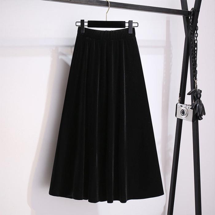 2024 Autumn/Winter Plus Size High-Waisted Gold Velvet A-Line Skirt with Elastic Waist - Slimming Long Skirt for Women