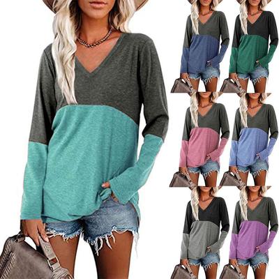 Women's Autumn and Winter New V-neck Long-sleeved Stitching T-shirt Tops Color Matching Blouse