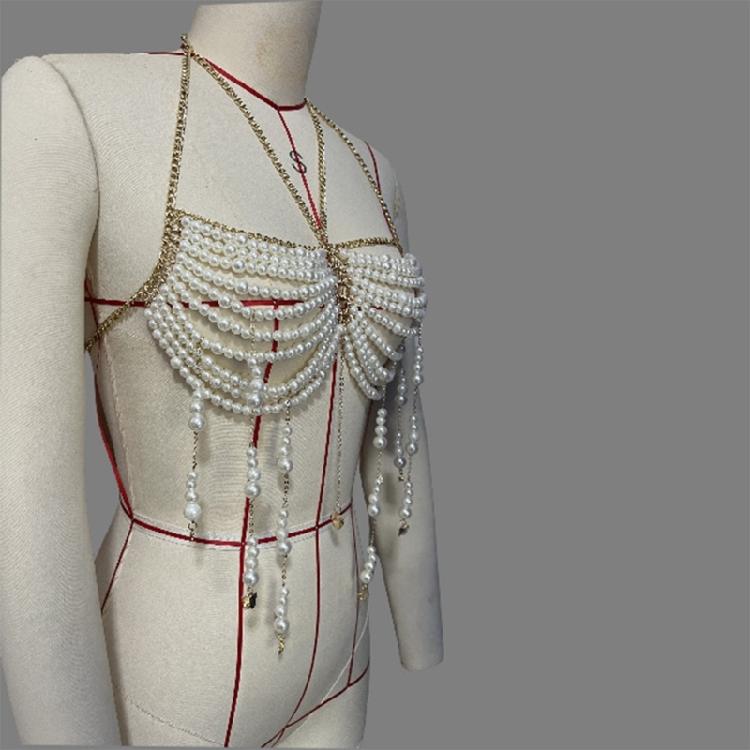 Dámské perlové korálkové třásně Pod krkem Crop top Body šperk Řetízek na hrudník Tílko Braletka Outfit do nočního klubu Párty