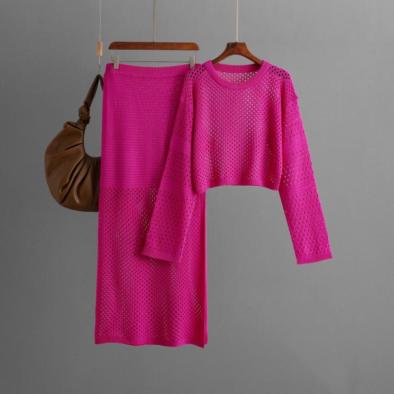 European and American Women's Clothing 2024 New Summer Hollow-out Knitted Shirt Long Skirt Fashion Two-piece Dress