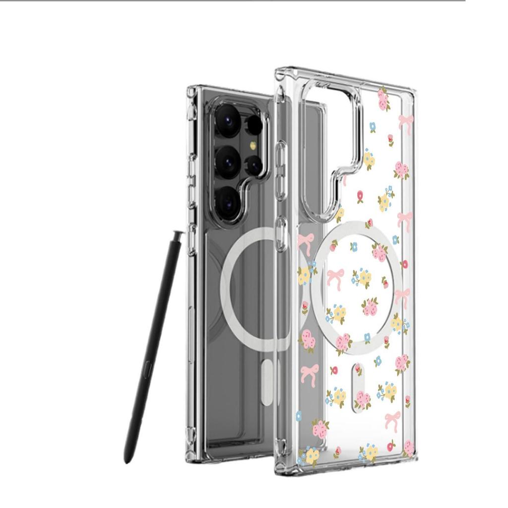 Yellow Crushed Flower Magnetic Case for iPhone 14/15/16/17Pro Max - Transparent and Full Coverage