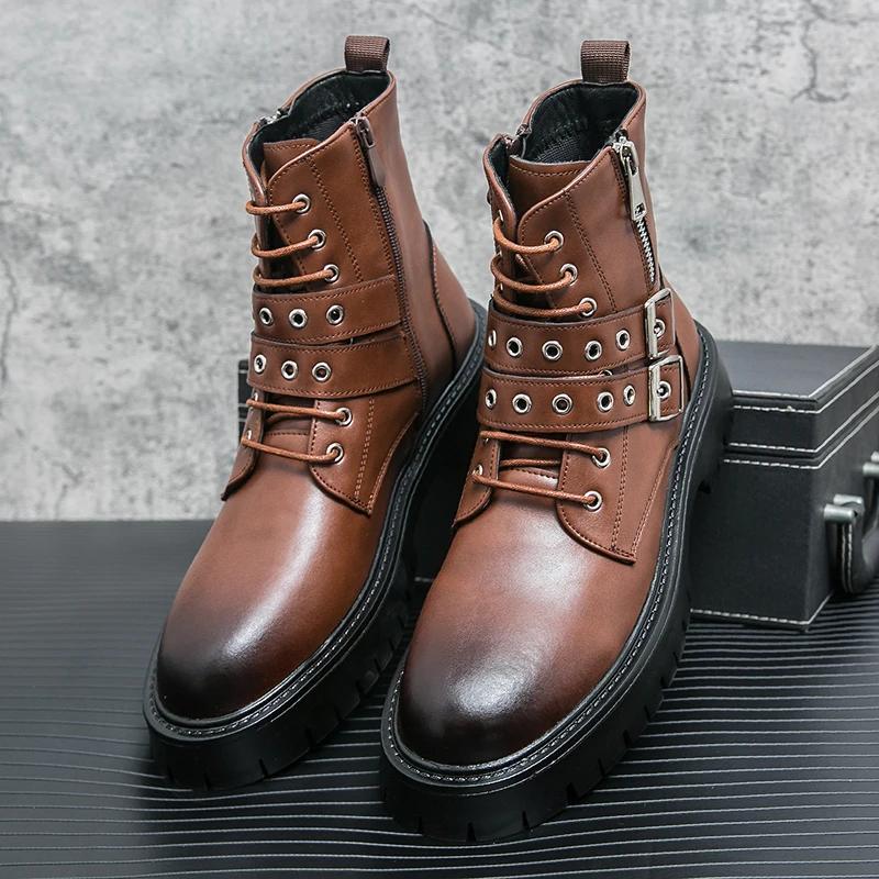 New Black Motorcycle Boots for Men Brown  Lace-up  Round Toe Platform Short Boots Western Boots  Size 38-45