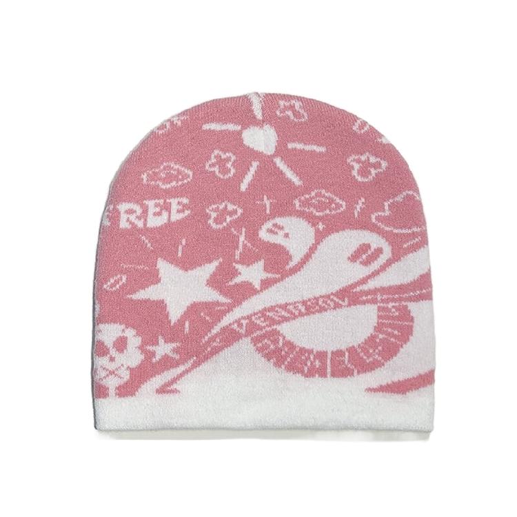 Handmade Crochet Hat Girl Skull Hat Double Side Jacquard Beanies Warm Skull Caps