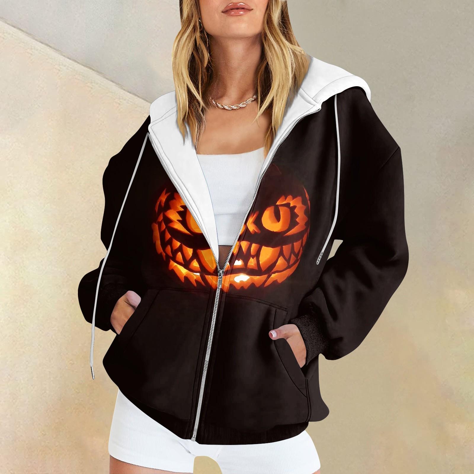 

Женская мода повседневная толстовка с принтом на Хэллоуин осень-зима с длинным рукавом кардиган с карманами на молнии куртка с капюшоном S тёмно-синий