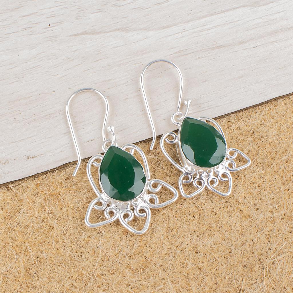 Faceted Green Onyx Gemstone Jewelry, 925 Sterling Silver Earrings, Onyx Silver Earrings For Wedding Gift
