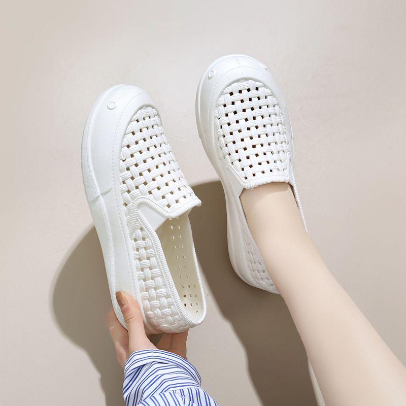 

Women s White Waterproof Closed-Toe Nurse Shoes - Soft Sole, Non-Slip, Hollow Out Flat Sandals for Summer Work 37