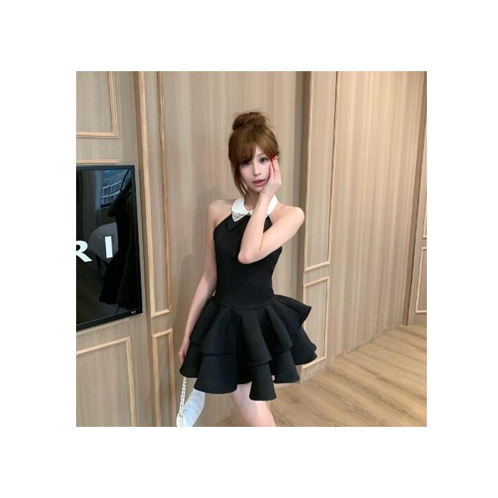 

Bow neck small black dress women s summer new French temperament slim waist thin backless fluffy dress S чёрный