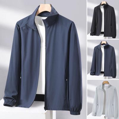 Chaqueta de protección solar para hombre y mujer, cuello alto, manga larga, color liso, cierre de cremallera, ropa de protección solar de seda helada