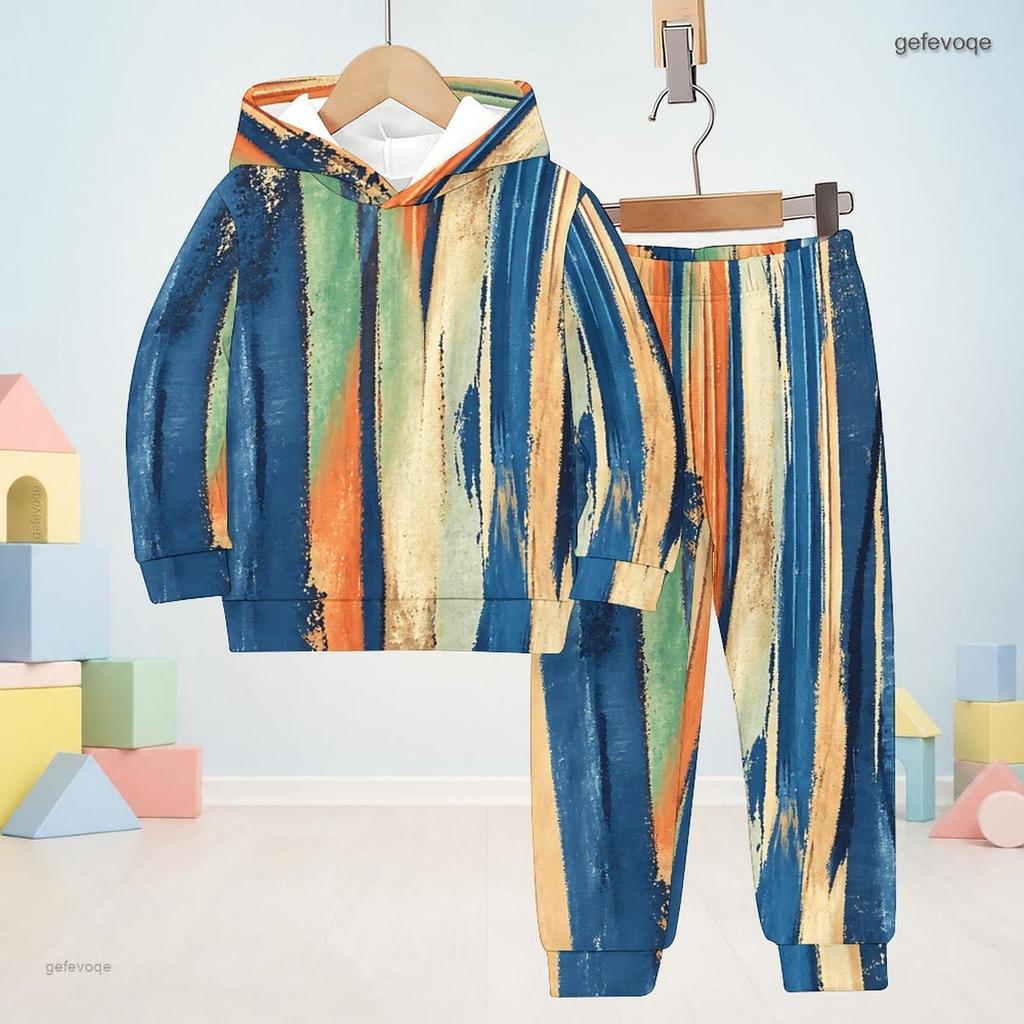 Kids Printed Hooded Long Sleeve Sweatshirt Cuffed Pants Two Piece Set Blue Pink White