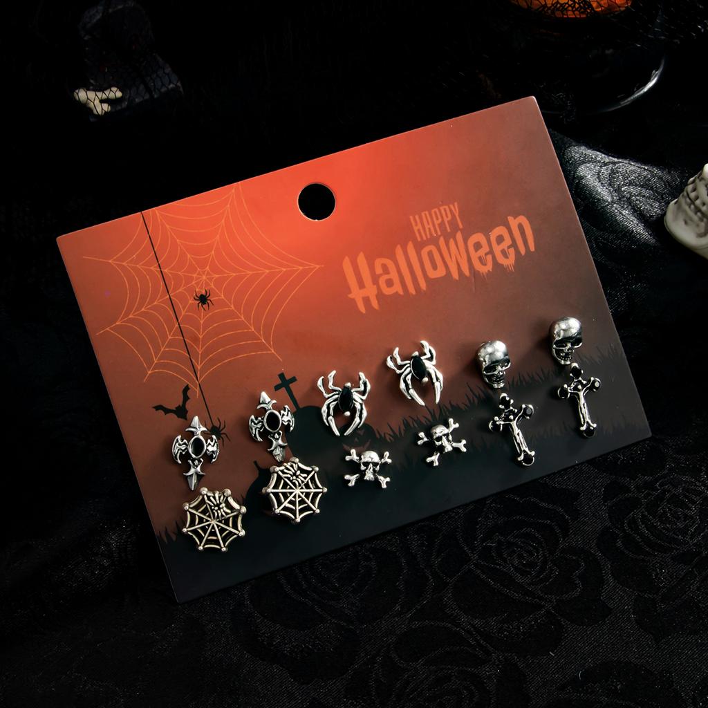 Salircon 6Pair/Set Gothic Skull Spider Web Cross Metal Pendant Earrings Women Punk Piercing Earring Party Jewelry Halloween Gift