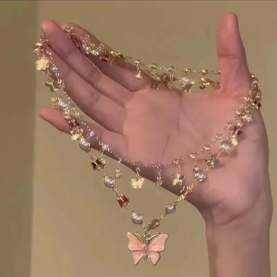 Pink Butterfly Tassel Pendant Necklace Women's Sequin Zircon Double Layer Clavicle Chain Luxury Princess Accessories Fashion Jewelry