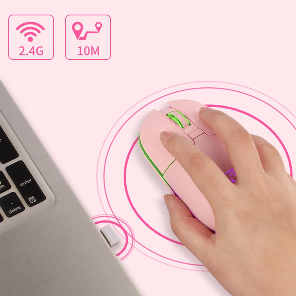 Wireless Mouse, 2.4GHz, USB Receiver Storage, Cat Pattern, Silent Operation, Type-C Rechargeable, 7-Color RGB Lighting, 3-Stage DPI Switching,