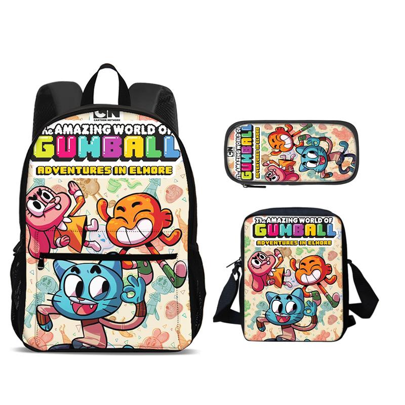 De Geweldige Wereld van Gumball Rugzak Pennenbakje Schoudertas 3-delige Set Grote Capaciteit Cartoon Anime Bedrukt Student Jongens en Meisjes