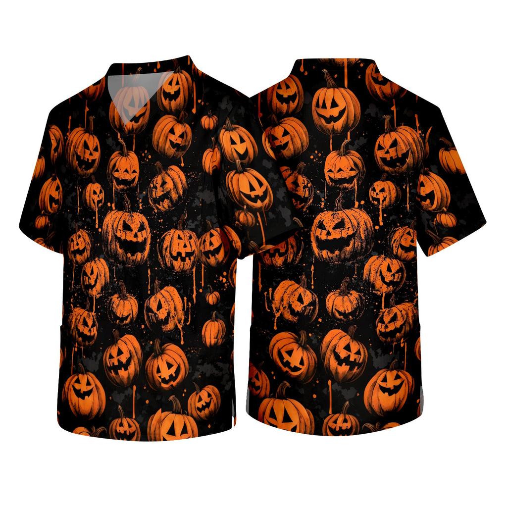Men's V Neck Halloween Print Scrub Top with Chest Pocket and Two Front Pockets for Healthcare Professionals Workwear