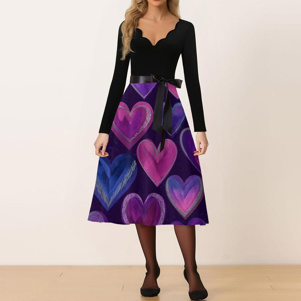 Damen Casual Mode V-Ausschnitt Valentinstag Print Retro Kleid