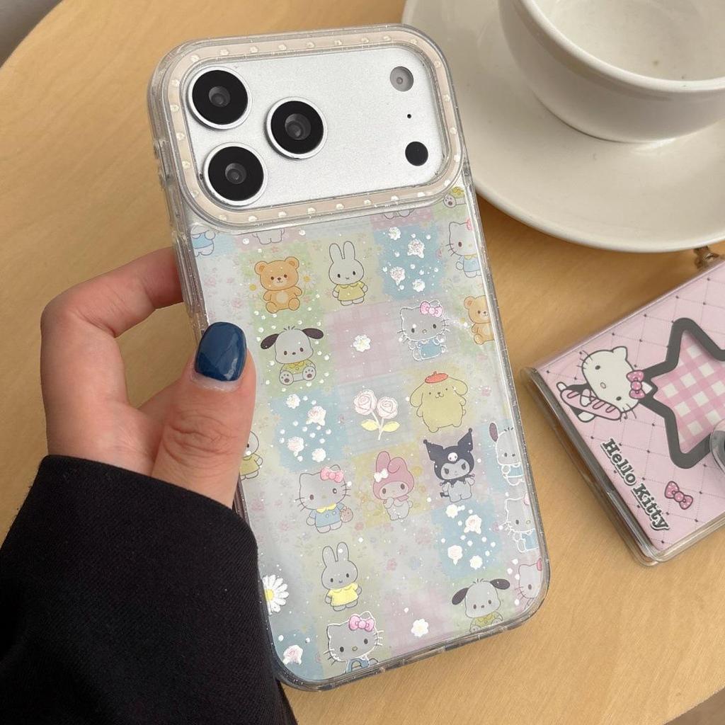 Glitter Cartoon Cat iPhone 15 Pro Max/17 Pro Case with Pearl Bracelet for Women