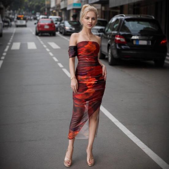 Women's Ruched Party Bodycon Midi Dress Strapless Dress Printed Backless Slit