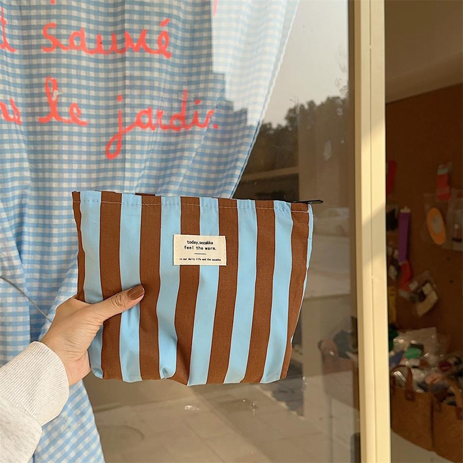 Contrast Color Women's Stripe Storage Bags Cute Large Capacity Female Cosmetic Bag Makeup Case Canvas Clutch Purse Handbags