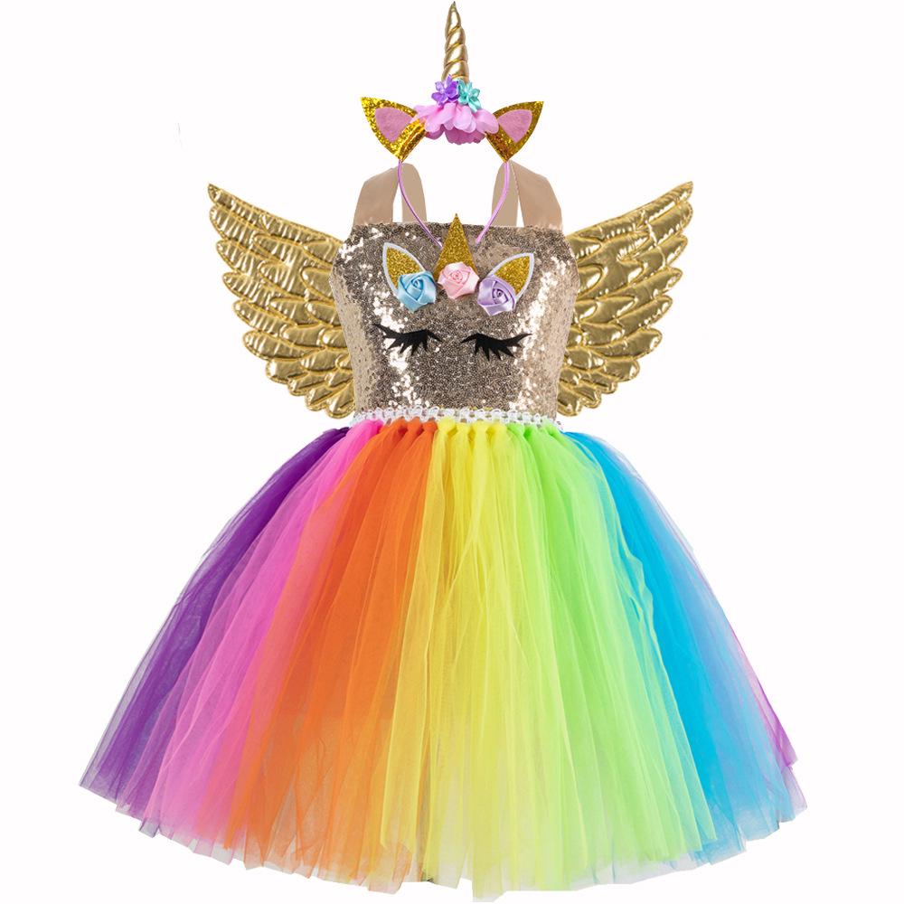 Regenbogen Pailletten Einhorn Kleid mit Flügeln & Kopfschmuck - Europäischer & Amerikanischer Stil 2026 für Mädchen
