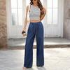 Women's Elastic Waist Wide Leg Pants Loose Casual Style Denim Jeans Solid Color Medium Stretch Drawstring Straight Trousers