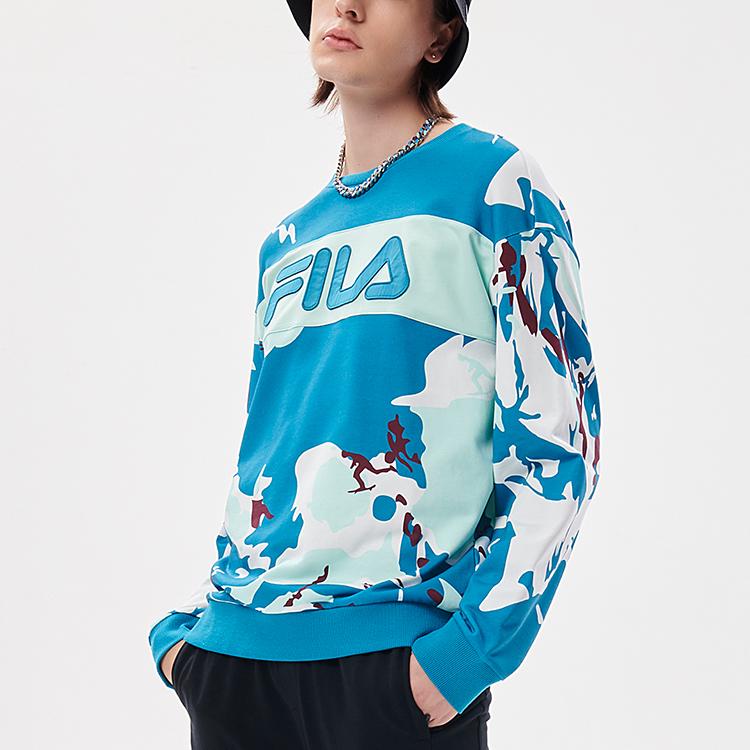 FILA Fusion Logo Color Block Camouflage Loose Fit Sports Crew Neck Sweatshirt Men tops Blue T11M133201F-BU