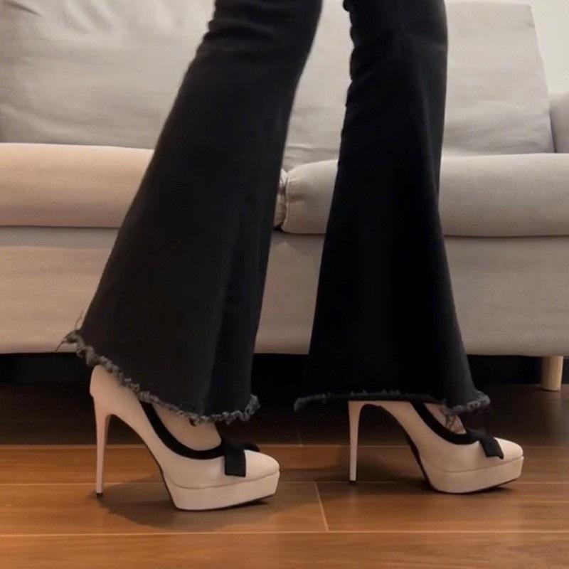 Waterproof table high heels stiletto 2025 new French bow fairy catwalk nightclub sexy single shoes