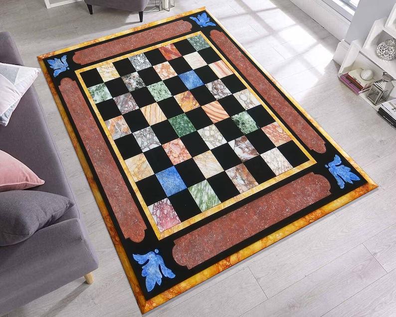 

Marble Inlay Checkerboard Rug Gilded Accent Non-Slip Washable Home Decoration Carpets 40x60cm