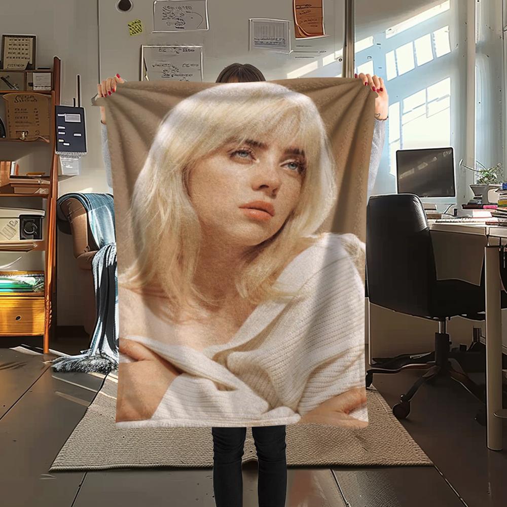 1Pc Billie Eilish Print Flannel Blanket, High quality Comfortable for All Seasons, Home Decor, Warmth and Comfort, Perfect for Christmas Gifts