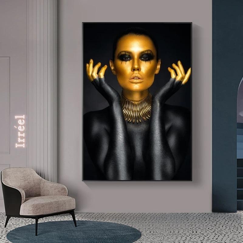 Black Gold Nude Sexy Woman Canvas Paintings On the Wall Art Posters And Prints Gold Face Girl Art Picture Home Wall Decor Cuadro