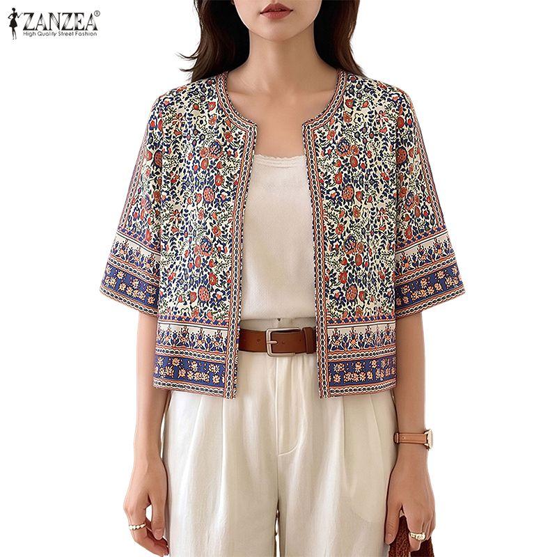 ZANZEA Women Bohemian Floral Print Open Front Cropped Half Sleeve Vintage Casual Holiday Tops Blouse