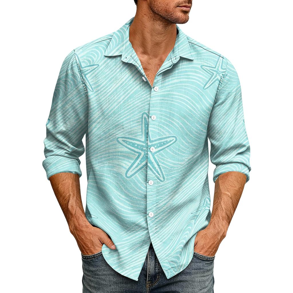Men's Hawaiian Loose Fit Long Sleeve Shirt with Classic Collar Vintage Casual Button Down Shirt Suitable for Spring and Autumn Wear