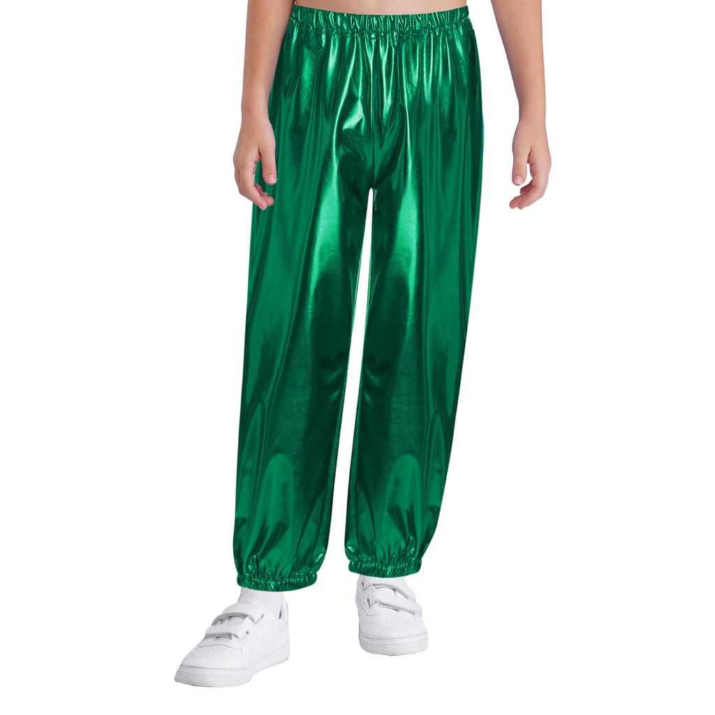 Boys Girls Metallic Dance Pants Elastic Waistband Shiny Trousers Jazz Dance Cheerleading Stage Performance Bottoms