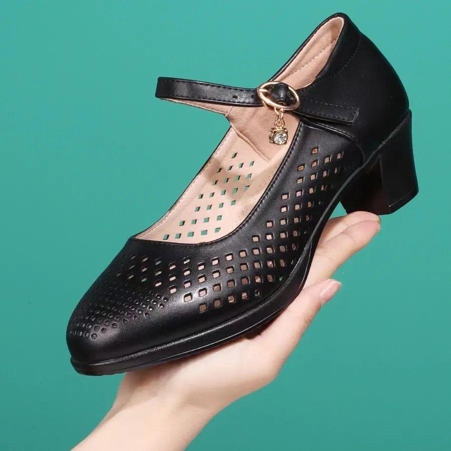 zapatos de mujer women fashion round toe black patent leather buckle strap square heel shoes for office work ab696