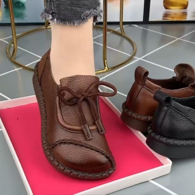 Frühlingsschuhe, Damenschuhe, neue Retro-Ethno-Schuhe, flache Schuhe im Stil der mittelalten Mutter, Lederschuhe aus echtem, weichem Leder, runde Zehenpartie