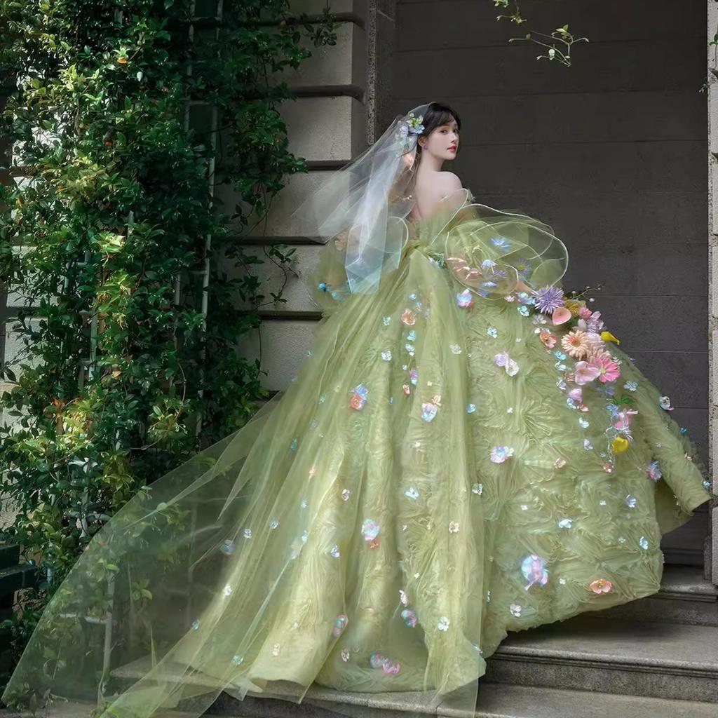 French Flower Fairy Wedding Dress Clothing Korean Travel Photography Light Wedding Dress Green Mori Color Dress