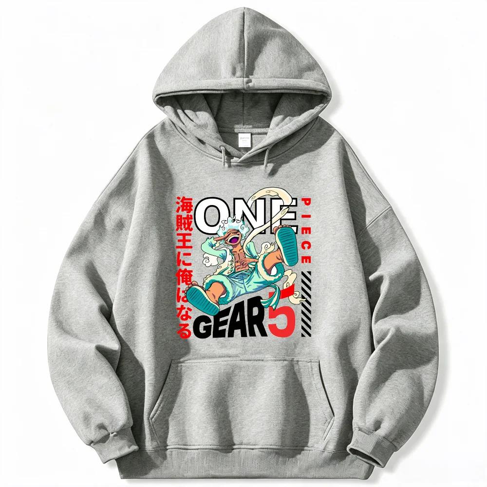 Anime One Piece Gear 5 Luffy Print Hoodie, Loose Fit Pullover Sweatshirt, Trendy Hooded Top for Daily Wear & Manga Enthusiasts