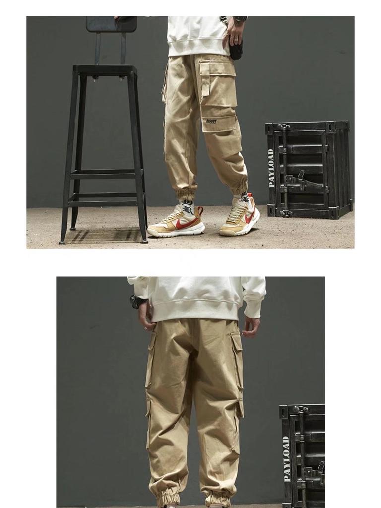 Men's American Trendy Multi-Pocket Loose Cargo Joggers - Military Green Parachute Pants, Casual Retro Style for Autumn.