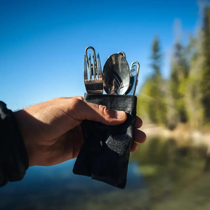 3 Pieces, 1 Set Portable Outdoor Camping Trip Picnic Foldable Stainless Steel Tableware Spoon Fork Knife Tableware Practical