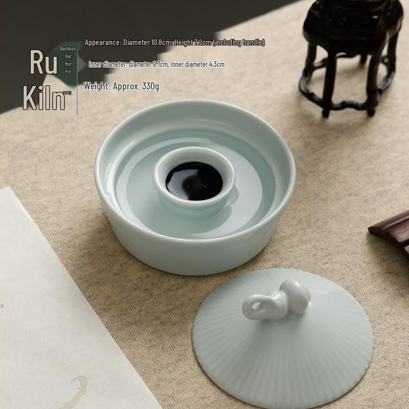 Bamboo Hat Porcelain Inkstone with Lid - Anti-Dry Ink Storage for Calligraphy Supplies and Study Decor