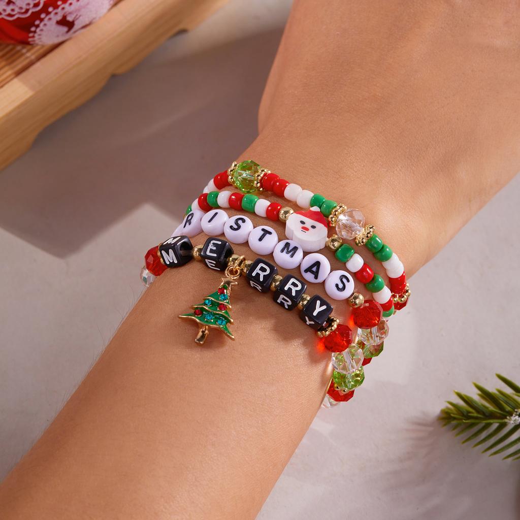 Colorful Beaded Christmas Bracelet Set For Women Men Santa Claus Snowman Snowflake Pendant Bangles New Year Party Jewelry