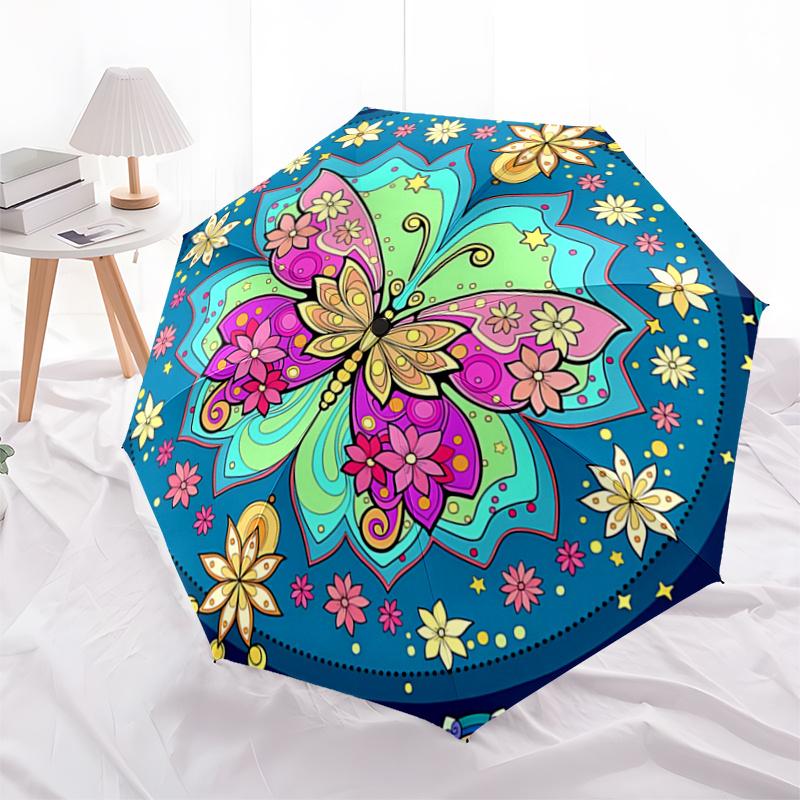 Colorful Butterfly Mandala Automatic Opening Folding Umbrella - Portable 3-Fold Design with Iron Frame -, Travelers, Daily Use - Perfect Gif
