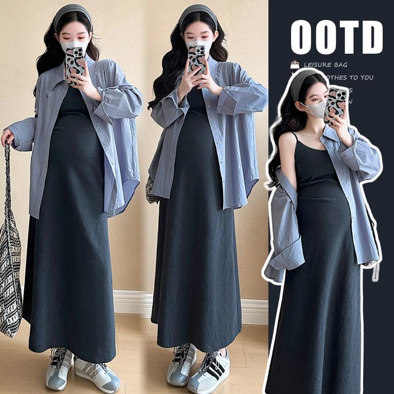 2026 Spring Korean Style Maternity Strap Dress & Shirt Set XL