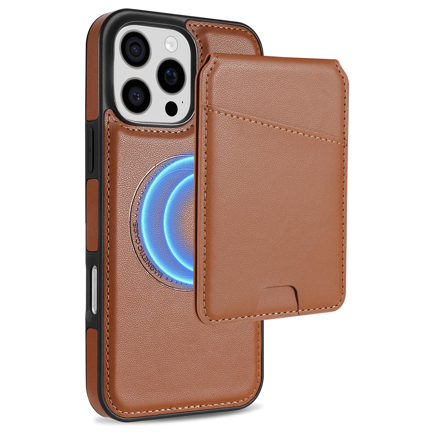 

For iPhone 16 Pro Max Case Compatible with MagSafe Detachable Card Holder Kickstand Leather Phone Back Cover Brown
