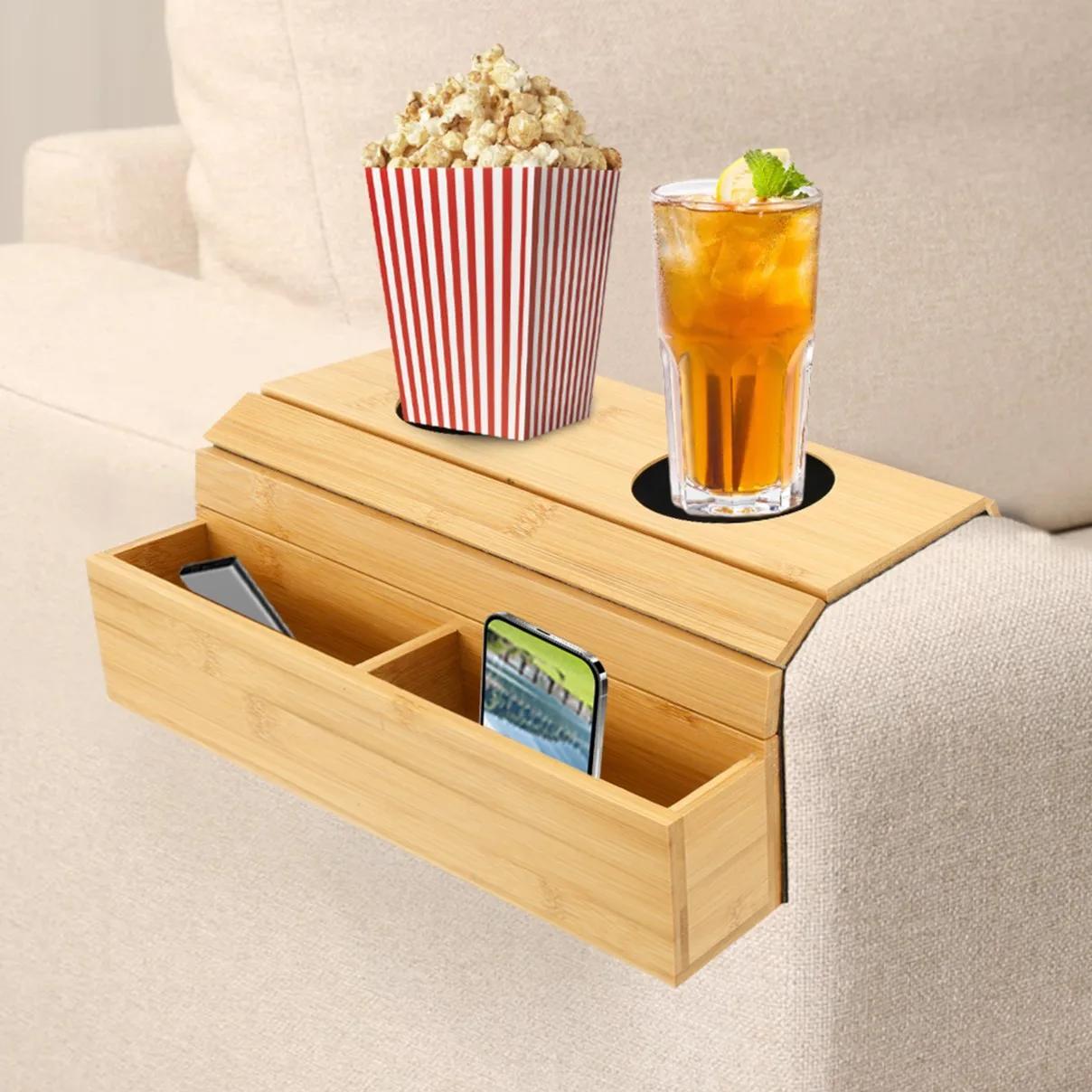 Bamboo Sofa Arm Tray Foldable Couch Cup Holder Anti-Slip for Drinks Snacks Remote Control Magazine Organizer